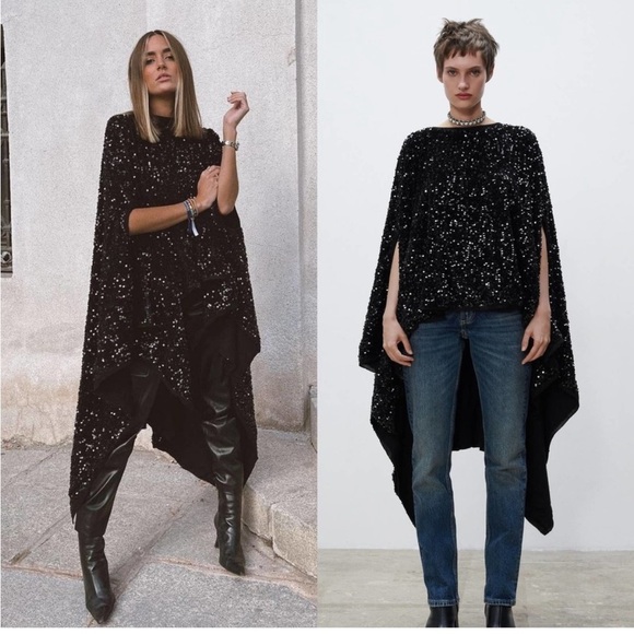 Rare and hard to find ZARA LIMITED EDITION SEQUIN CAPE / WOOL KNIT PONCHO BLACK - Picture 1 of 17